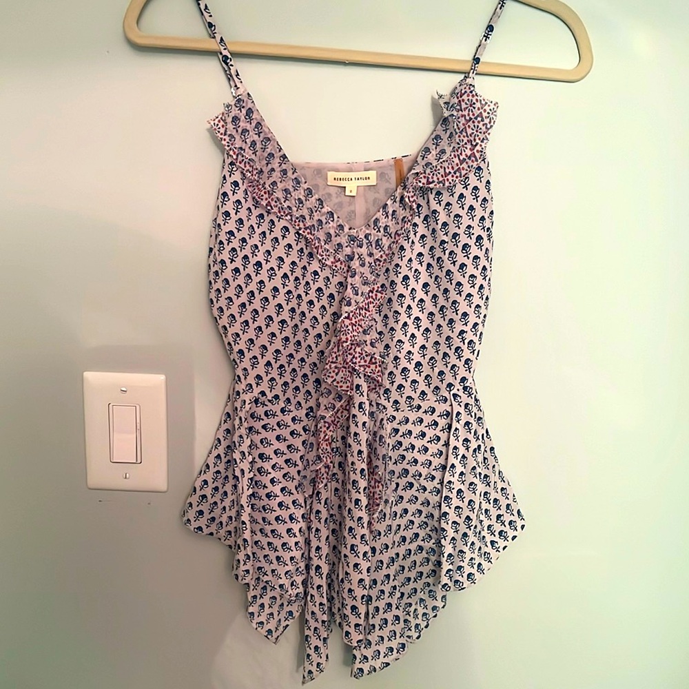 Rebecca Taylor Light Gray and Blue Printed Ruffle Cami Top, Size 2
